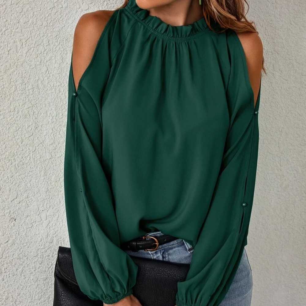 Boho Mock Neck Cold Shoulder Blouse